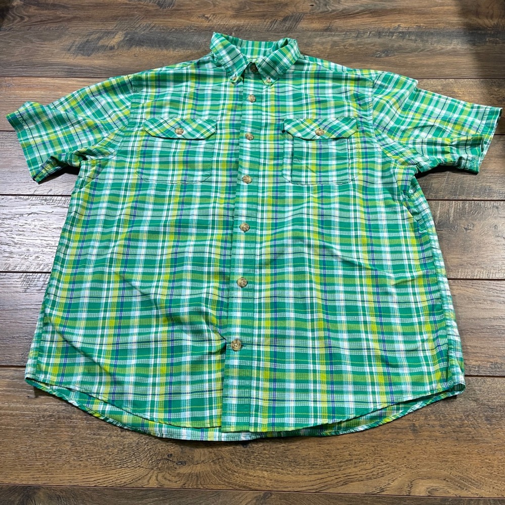 Duluth Trading Co Mens L Green Plaid Short Sleeve Button Down Ripstop Shirt Gorp